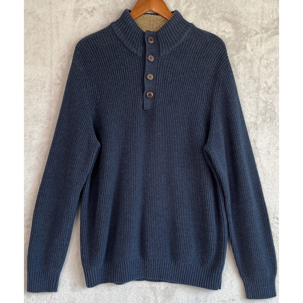 Men's Quarter Button Pullover Sweater XL Bass Navy Blue Henley 3-Button Heather‎